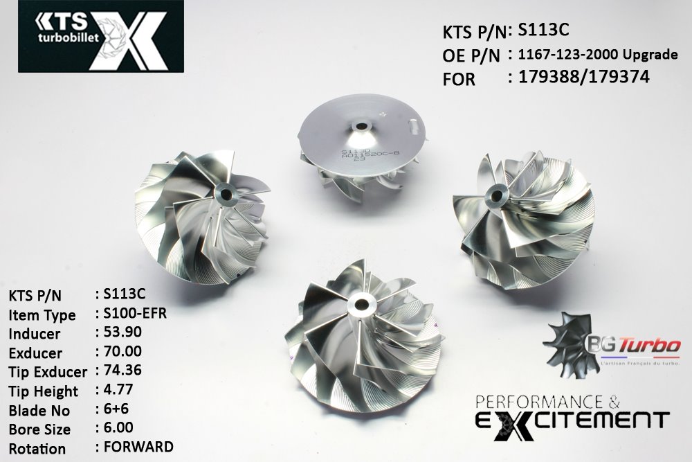 Turbo ROUE FORGÉE MFS PERFORMANCE - 6+6 PALES - INDUCER : 53,9 - EXDUCER : 70 - TYPE : S100-EFRANGLE : 50° - ROTATION : Forward - SUPER BACK : 4,2 - BORE SIZE : 6
